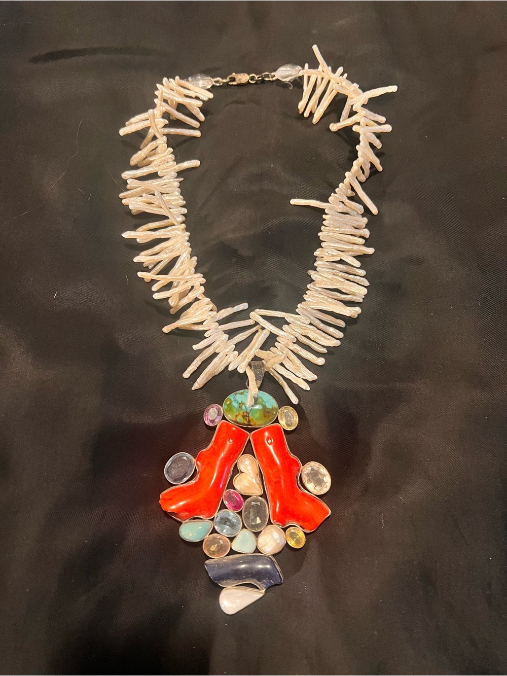 Unique White Coral Spike Necklace with Red Coral Pendant